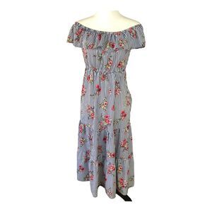 Soprano floral off shoulder striped ruffle tiered cottagecore midi dress Sz‎ S